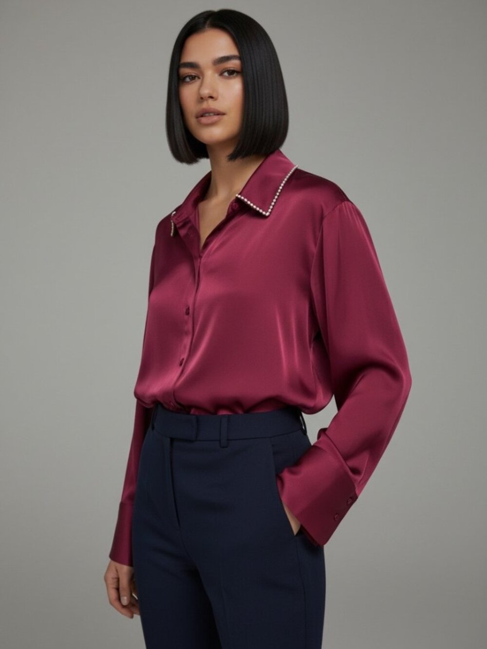Jason Wu Satin Blouse Womens M Burgundy Rhinestone Collar Button Up Oversized